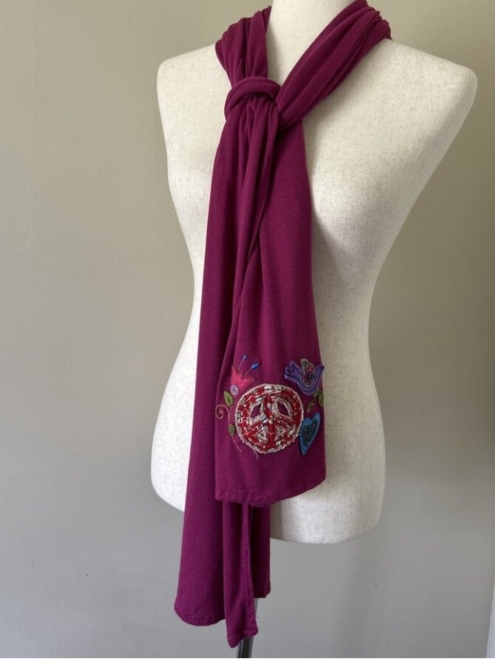 Natural Life Pink/Purple Long Scarf Peace Bird Heart Floral Embellishment Cotton